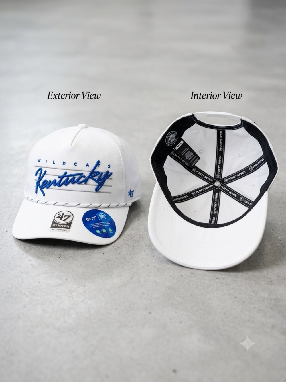 47 White and Blue Kentucky Script Rope Front Hat